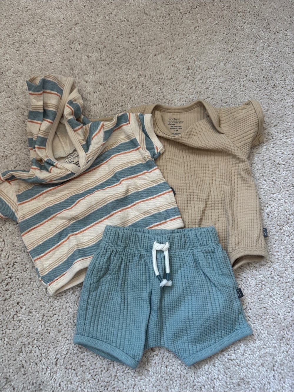 Neutral Stripe Hooded Tee & Tan Top with Dusty Blue Shorts Kids Matching Set